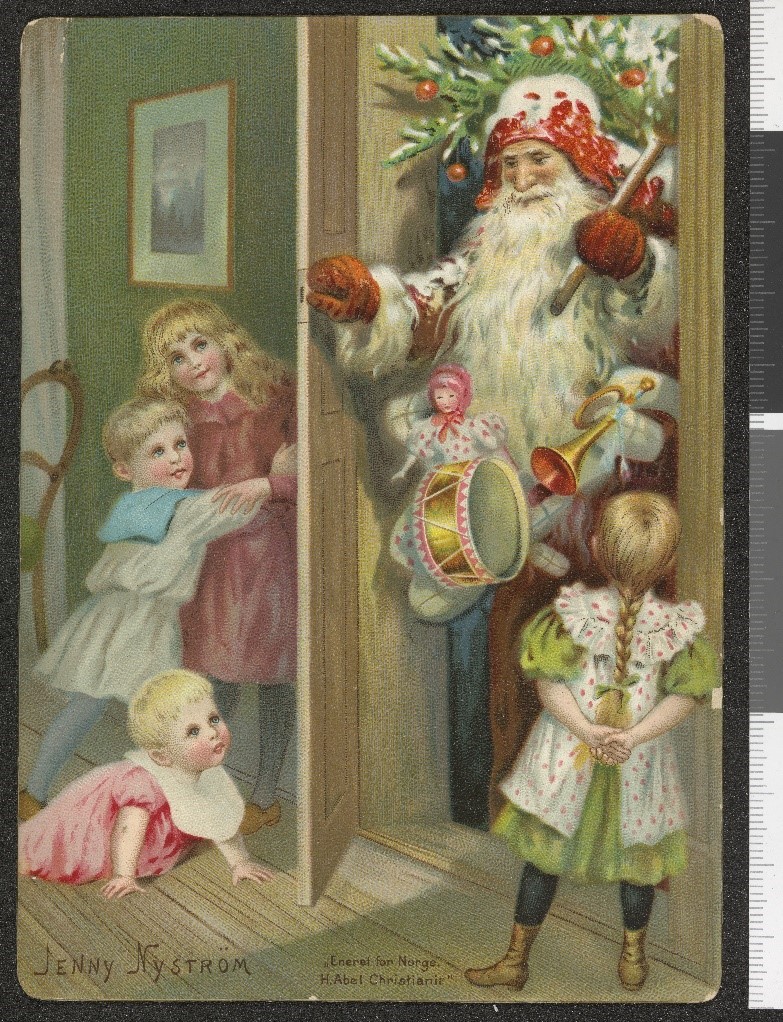 Julenisse med tre, leker og instrumenter kommer inn i et rom med barn