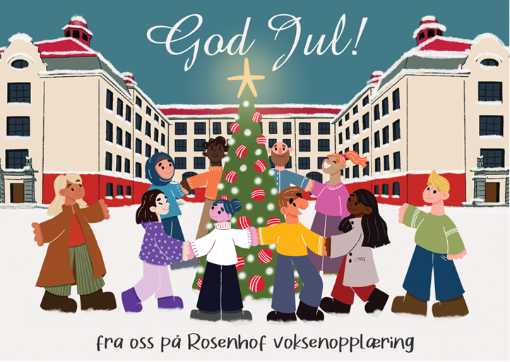 Illustrasjon av mennesker rundt juletre i skolegård